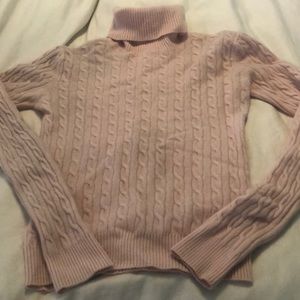 Pink cable knit cowl neck cashmere sweater